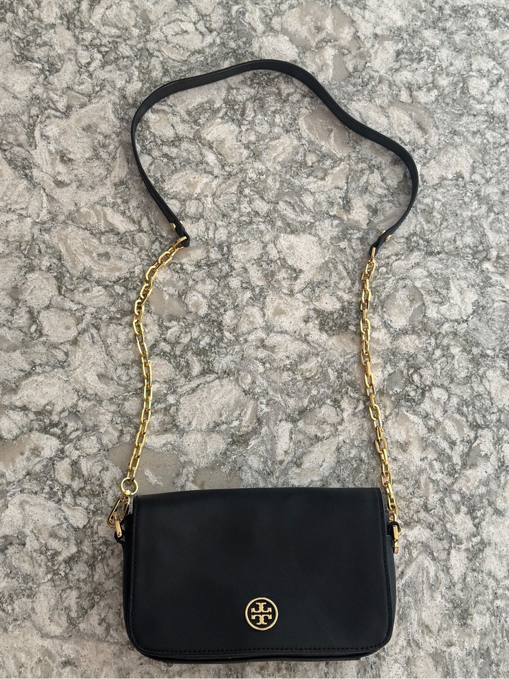 Tory Burch Black Robinson Saffiano Leather Crossbody with Gold Chain Strap
